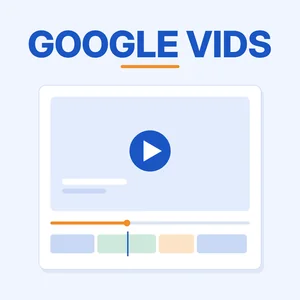 Google Vids guide: video frame with a play button, progress bar and clip timeline