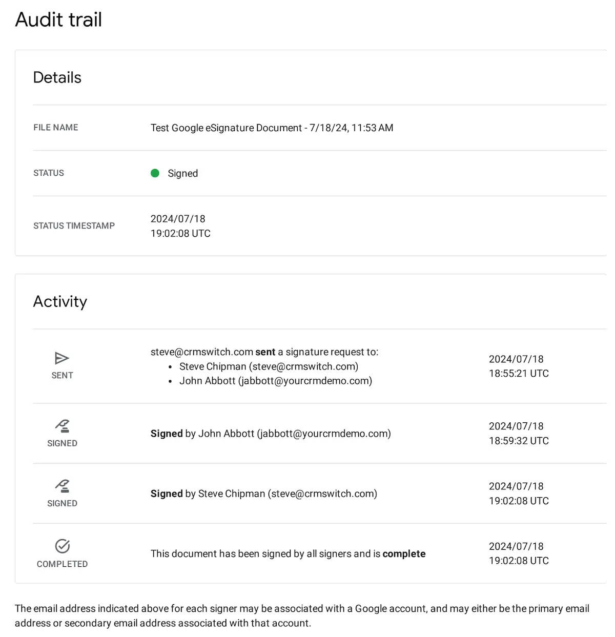 Google eSignature Audit Trail